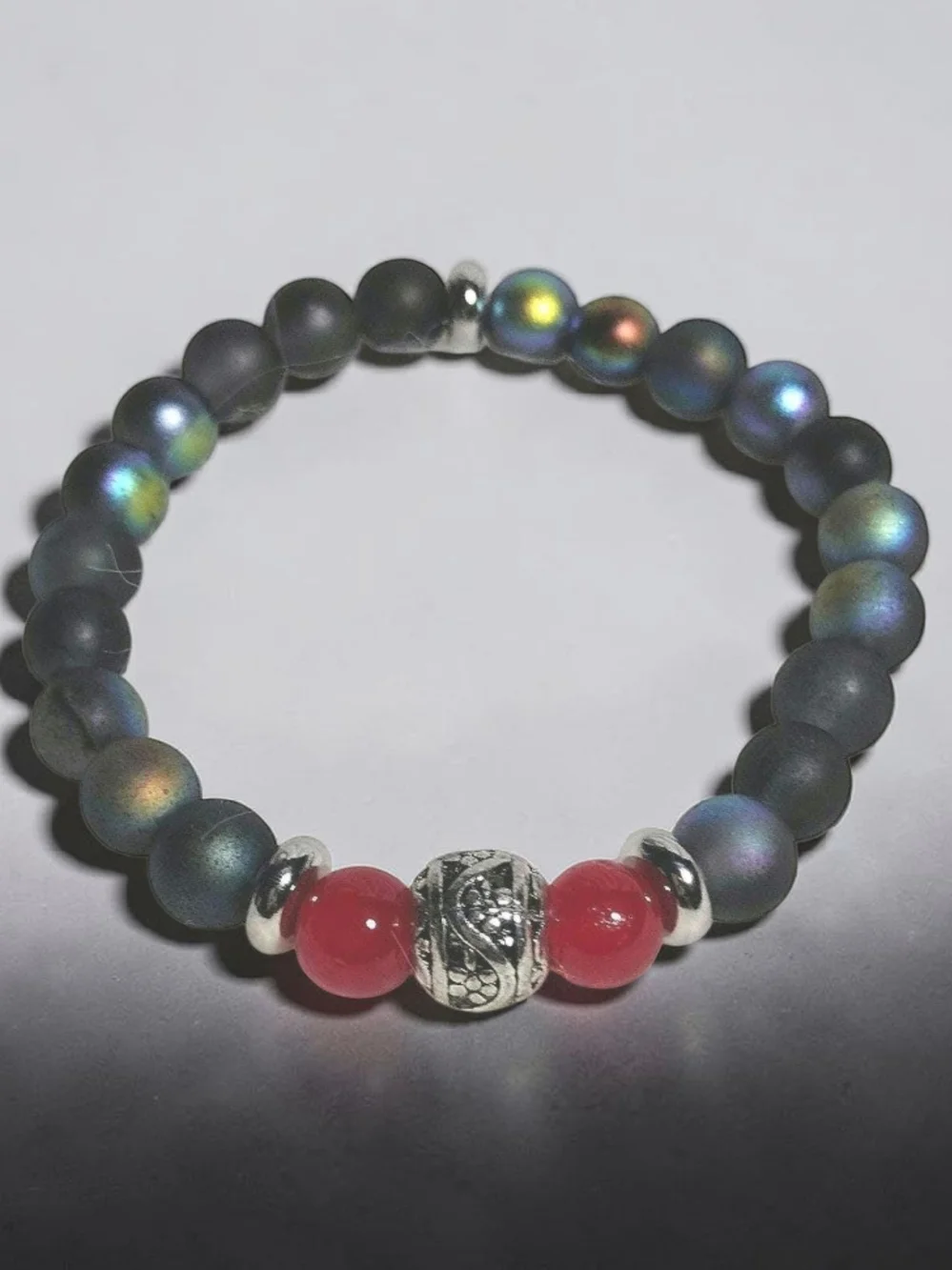 Enchanted  Dark Blue Beaded Bracelet with Red Accents and Dragon Charm